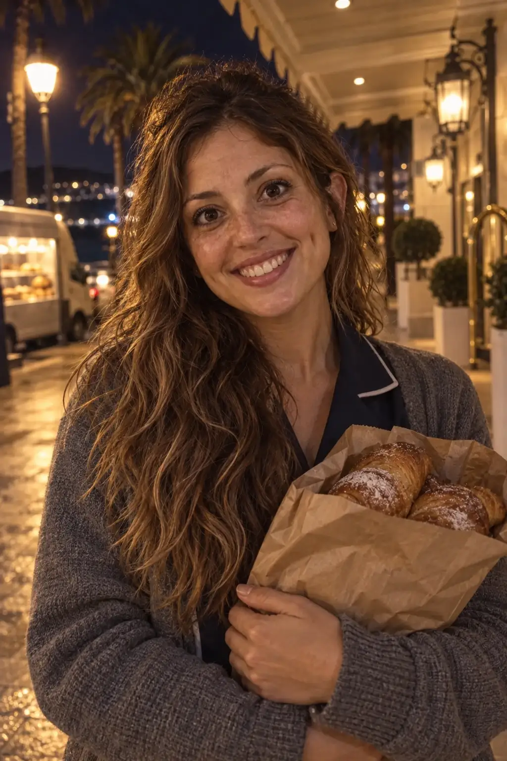 Alessia outside the hotel before dawn, holding a bag of warm pastries.