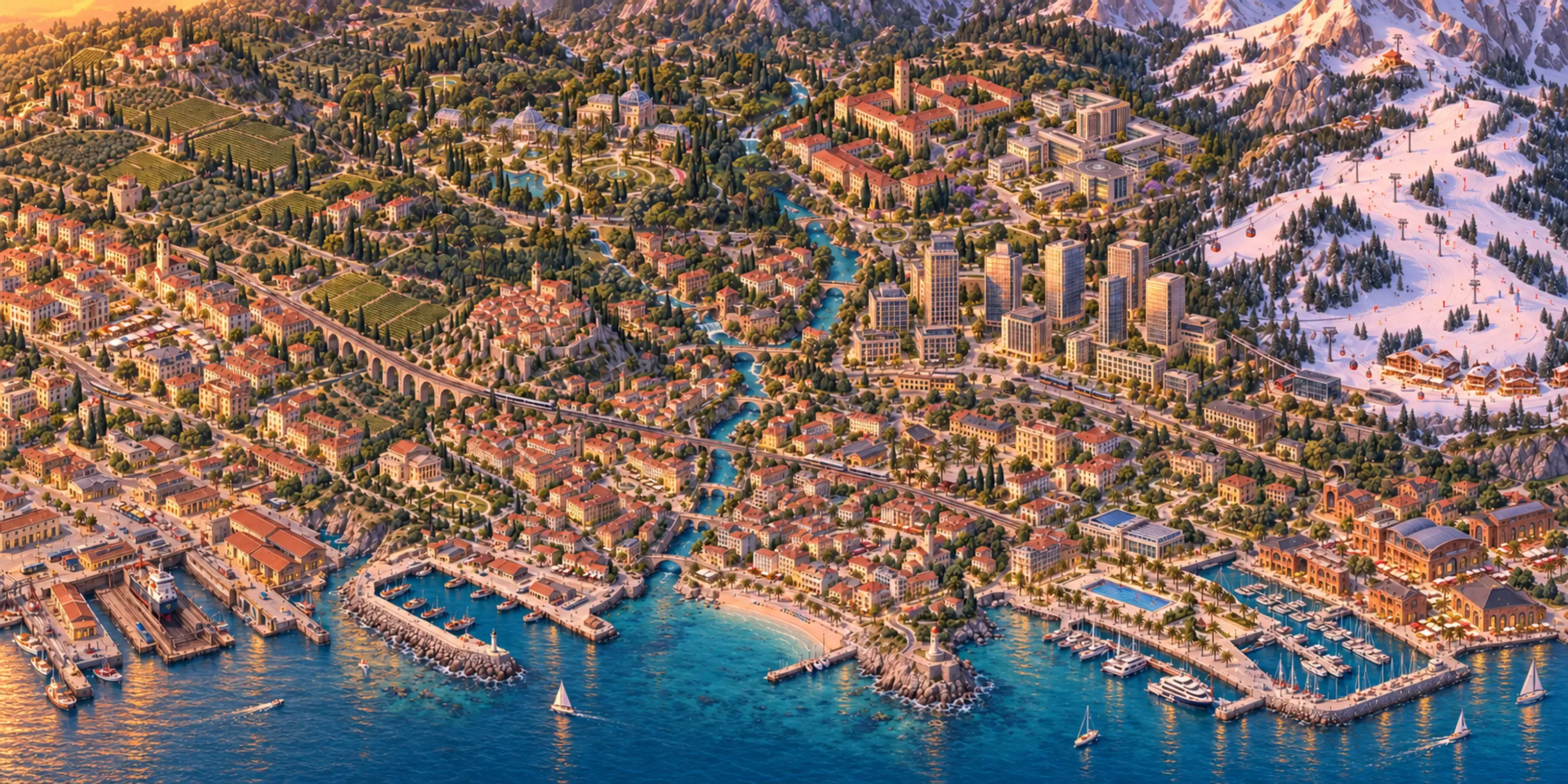 An illustrated aerial view of Portosera, from its four harbours to the hilltop neighbourhoods and mountains.