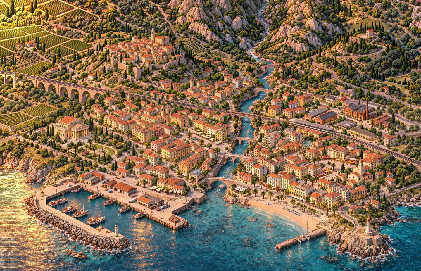 The illustrated harbour of Calaluna at sunset, with warm lights along the waterfront.