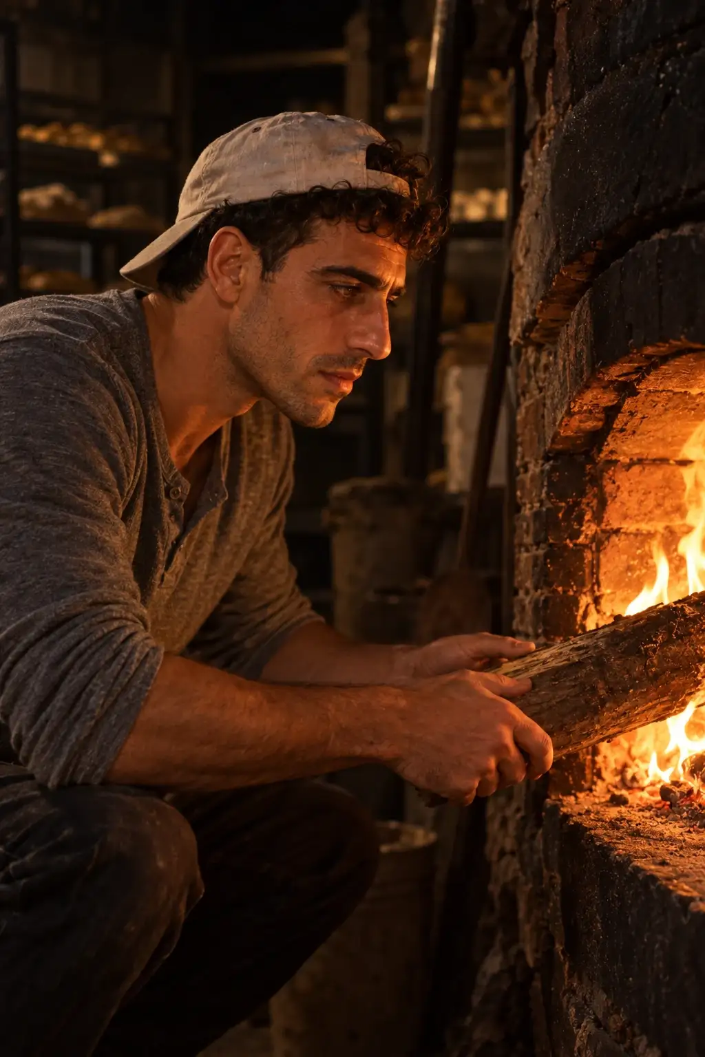 Nino working by the warm light of the bakery oven at night.